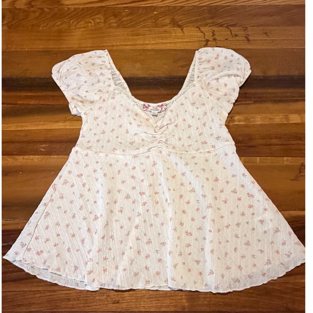 Pink Republic Floral Babydoll Top White Pink V-Neck Lace Trim Peplum Medium